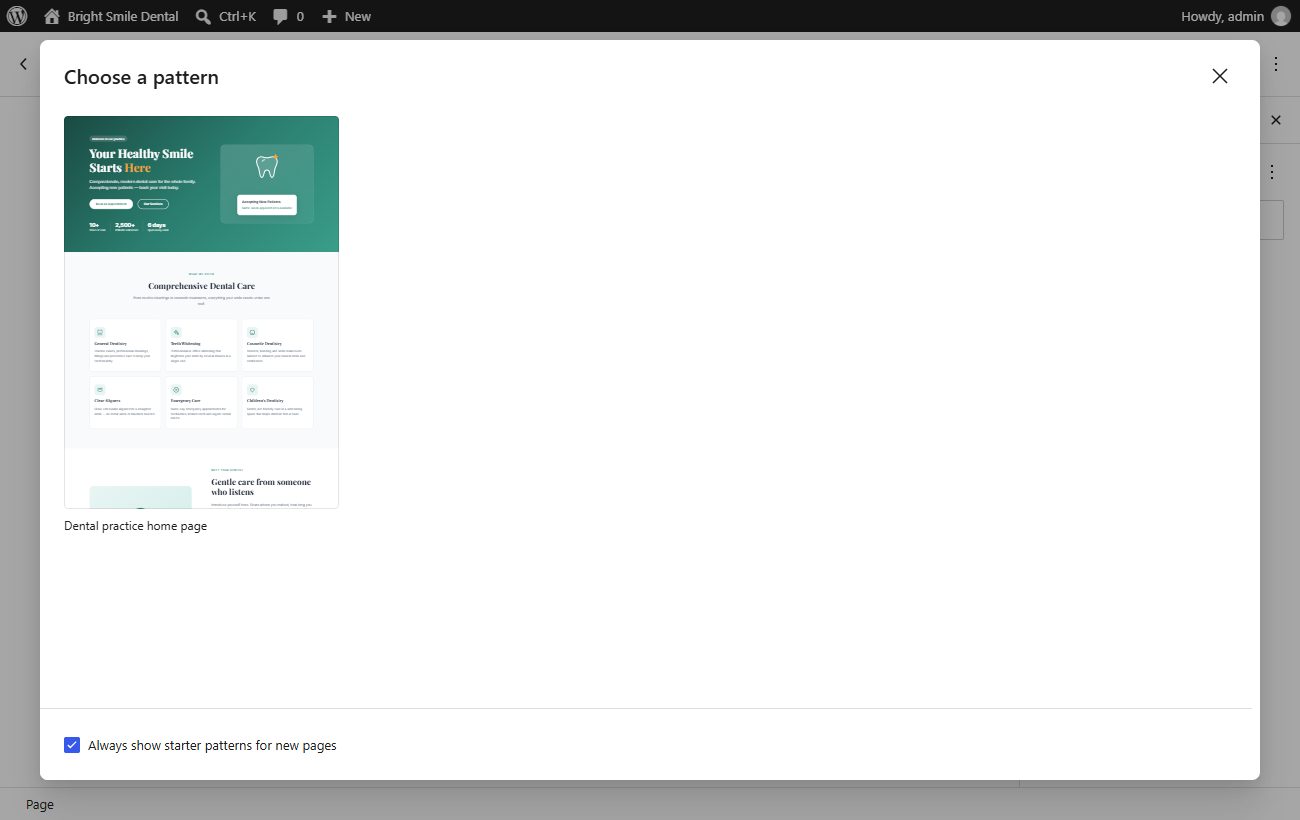 The Choose a pattern window with the Dental practice home page pattern