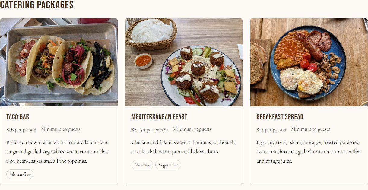 The Catering Menu block showing three packages with photos, price per person, minimum guests and dietary labels