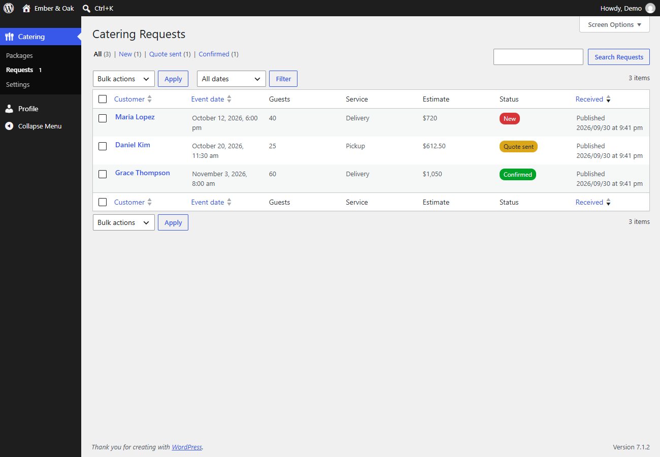 The Requests inbox with customer, event date, guests, service, estimate and status for each request