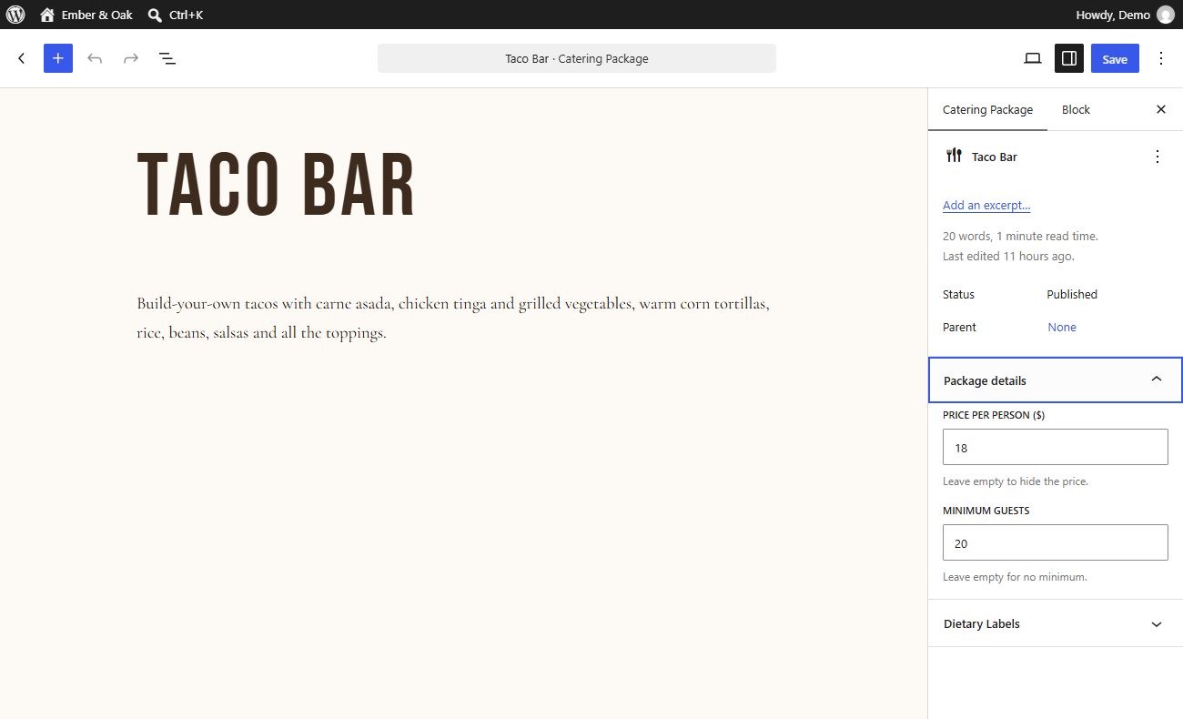 The package editor with Package details (price per person and minimum guests) and Dietary Labels in the sidebar
