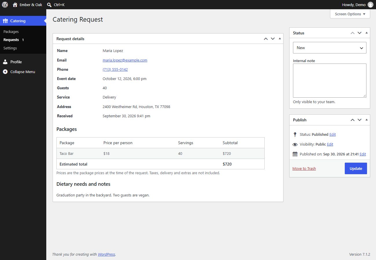 One catering request with request details, the packages table, the status box and an internal note
