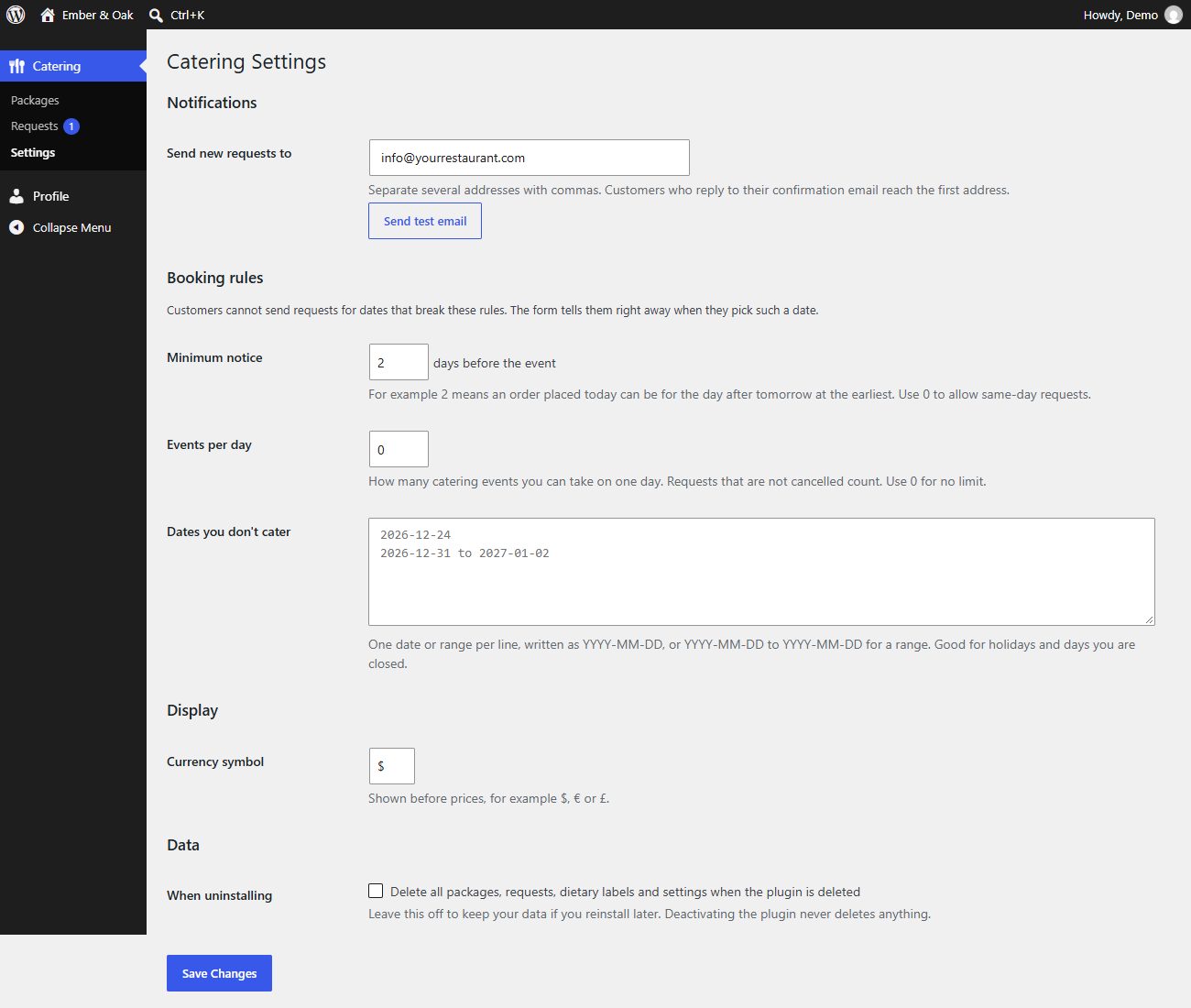The Catering Settings screen with notifications, booking rules, currency and data options