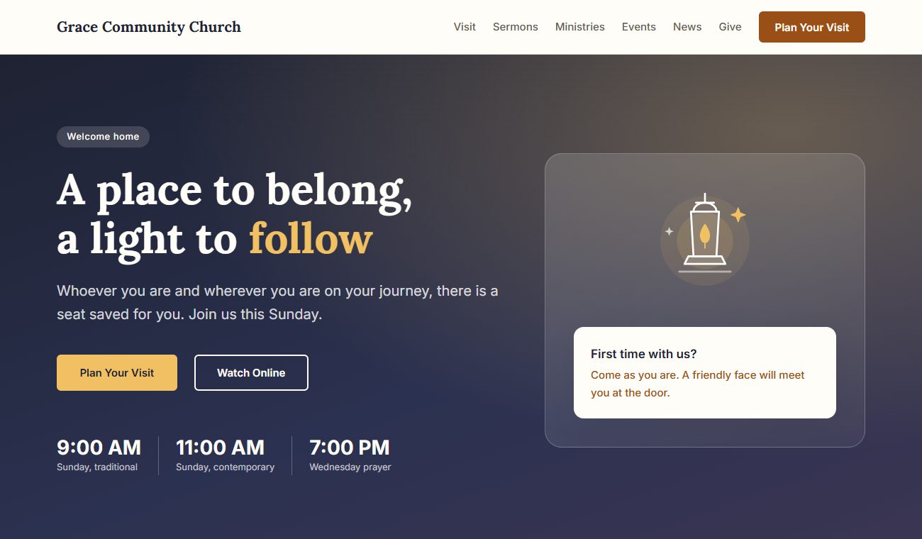 The Lamplight home page with the evening-glow welcome hero, service times and the "first time with us?" card