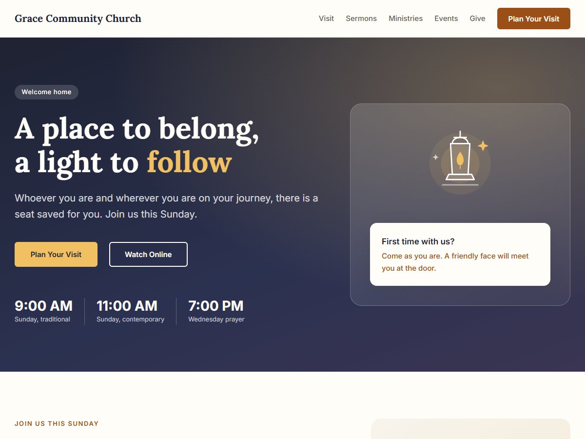 Sample church website home page with service times and a welcome message